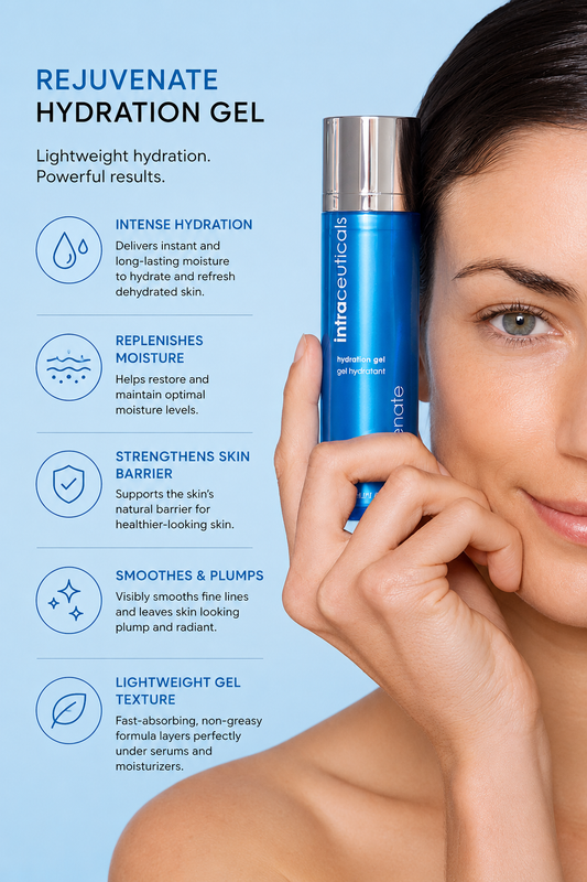 Intraceuticals Rejuvenate Hydration Gel skincare benefits image showing hydration, plumping, moisture retention, skin barrier support, and radiant-looking skin