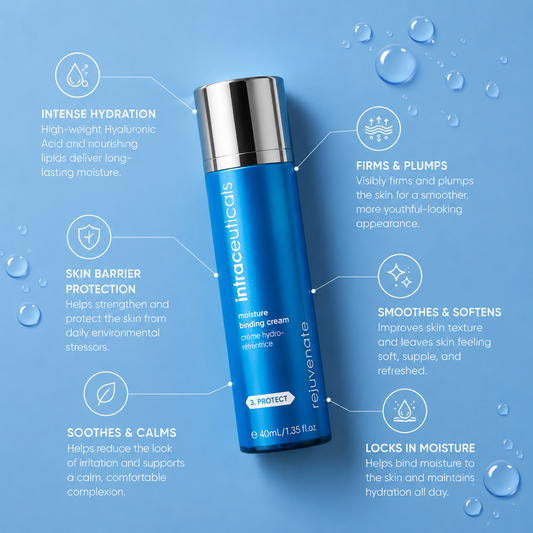 Intraceuticals Rejuvenate Moisture Binding Cream benefits infographic showing intense hydration, skin barrier protection, firming, plumping, and long-lasting moisture retentio