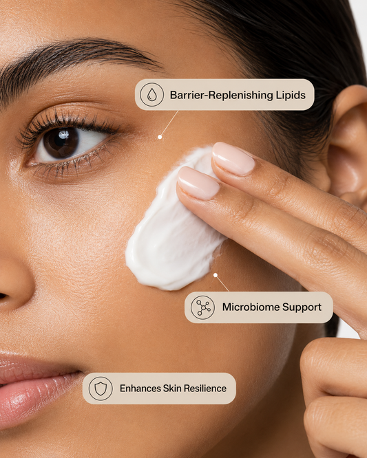 Woman applying Revision Skincare DermProtect Barrier Defense moisturizer to support barrier-replenishing lipids, microbiome health, and skin resilience