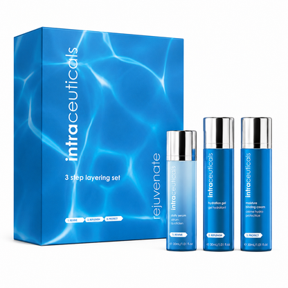 Intraceuticals Rejuvenate 3 Step Layering Set with Daily Serum, Hydration Gel, and Moisture Binding Cream for deep hydration and healthy-looking skin.