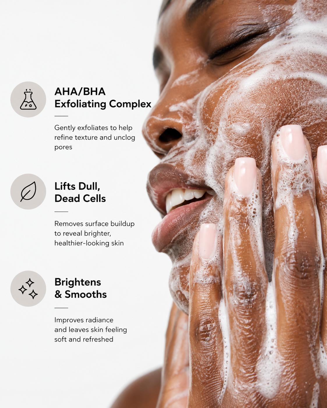 Close-up of facial cleansing with Revision Skincare Brightening Facial Wash featuring AHA/BHA exfoliating complex to help remove dull, dead skin cells and reveal a brighter, smoother complexion
