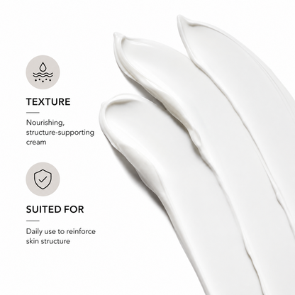 White cream texture swatch representing Revision Skincare D·E·J Face Cream, a comprehensive moisturizer that helps support firmer, healthier-looking skin