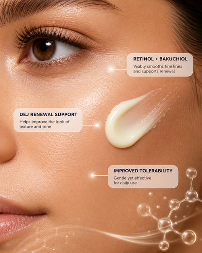 Retinol and Bakuchiol skincare cream applied to glowing skin, highlighting visible renewal, improved tolerability, and support for smoother, healthier-looking skin.
