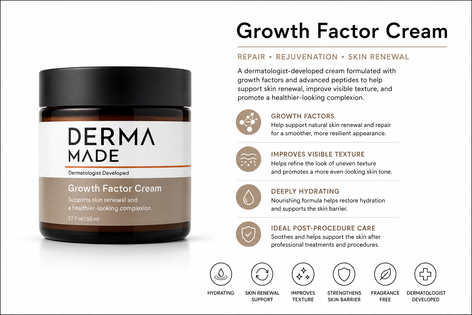 Derma Made Growth Factor Cream packaging with product description on a white background