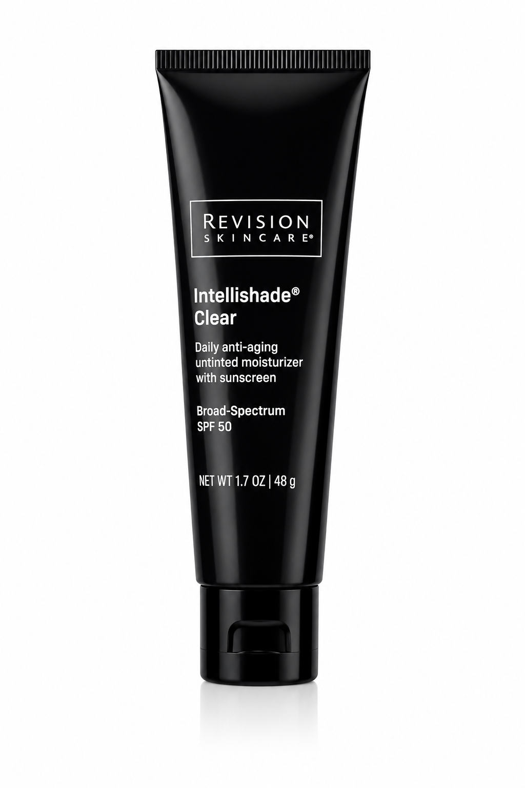 Black tube of Revision Skincare Intellishade Clear on a white background