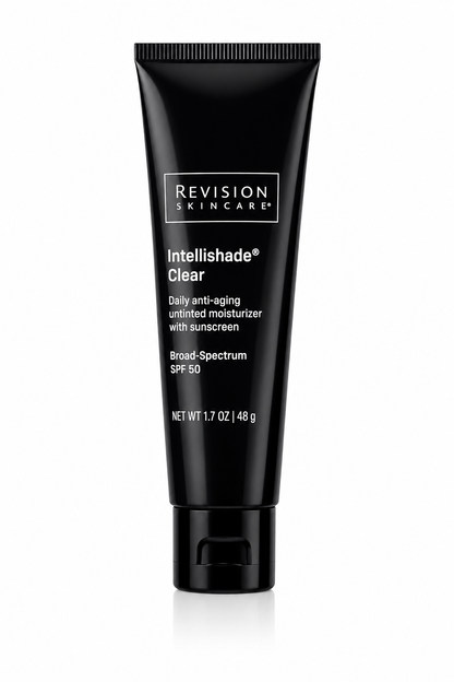 Black tube of Revision Skincare Intellishade Clear on a white background