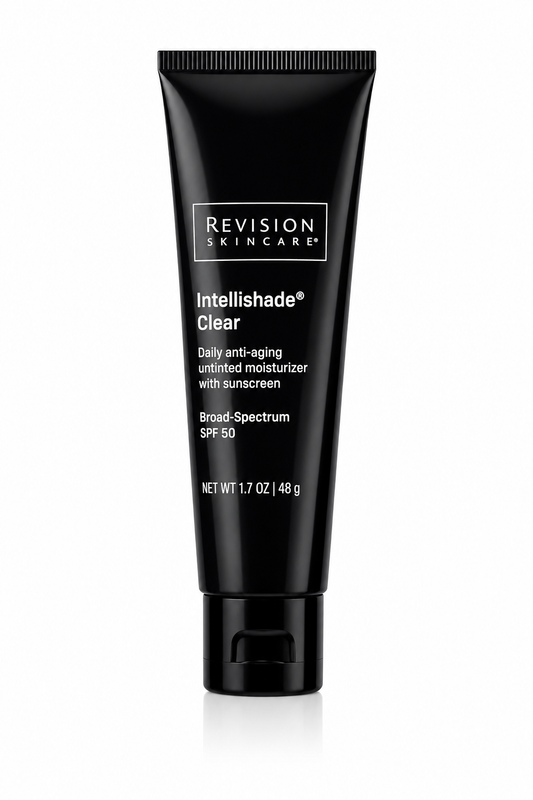 Black tube of Revision Skincare Intellishade Clear on a white background