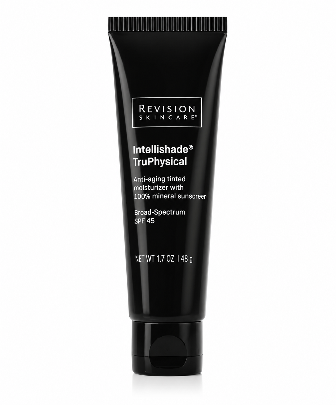 Revision Skincare Intellishade TruPhysical SPF 45 tinted moisturizer on a white background, all-mineral broad-spectrum sunscreen that hydrates, protects against UV damage, and helps reduce visible signs of aging.