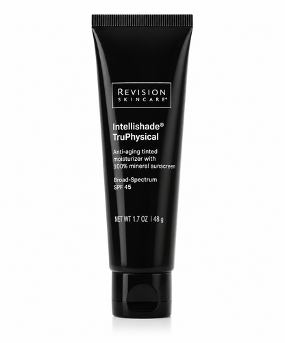 Revision Skincare Intellishade TruPhysical SPF 45 tinted moisturizer on a white background, all-mineral broad-spectrum sunscreen that hydrates, protects against UV damage, and helps reduce visible signs of aging.