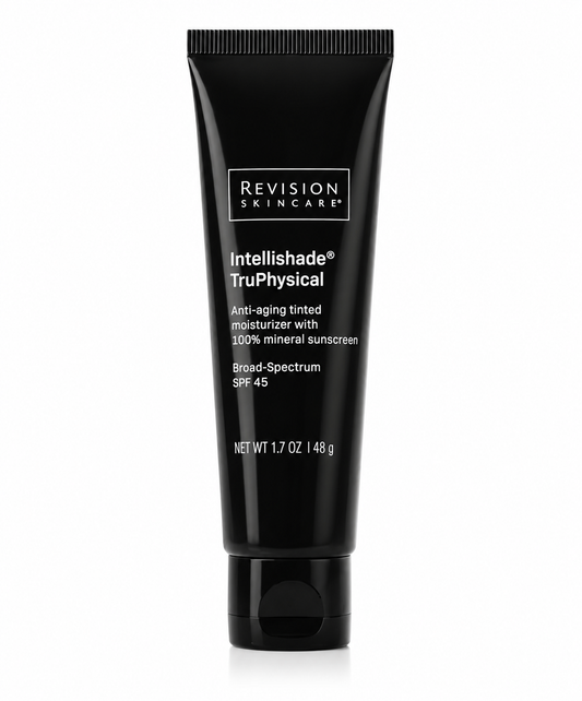 Revision Skincare Intellishade TruPhysical SPF 45 tinted moisturizer on a white background, all-mineral broad-spectrum sunscreen that hydrates, protects against UV damage, and helps reduce visible signs of aging.