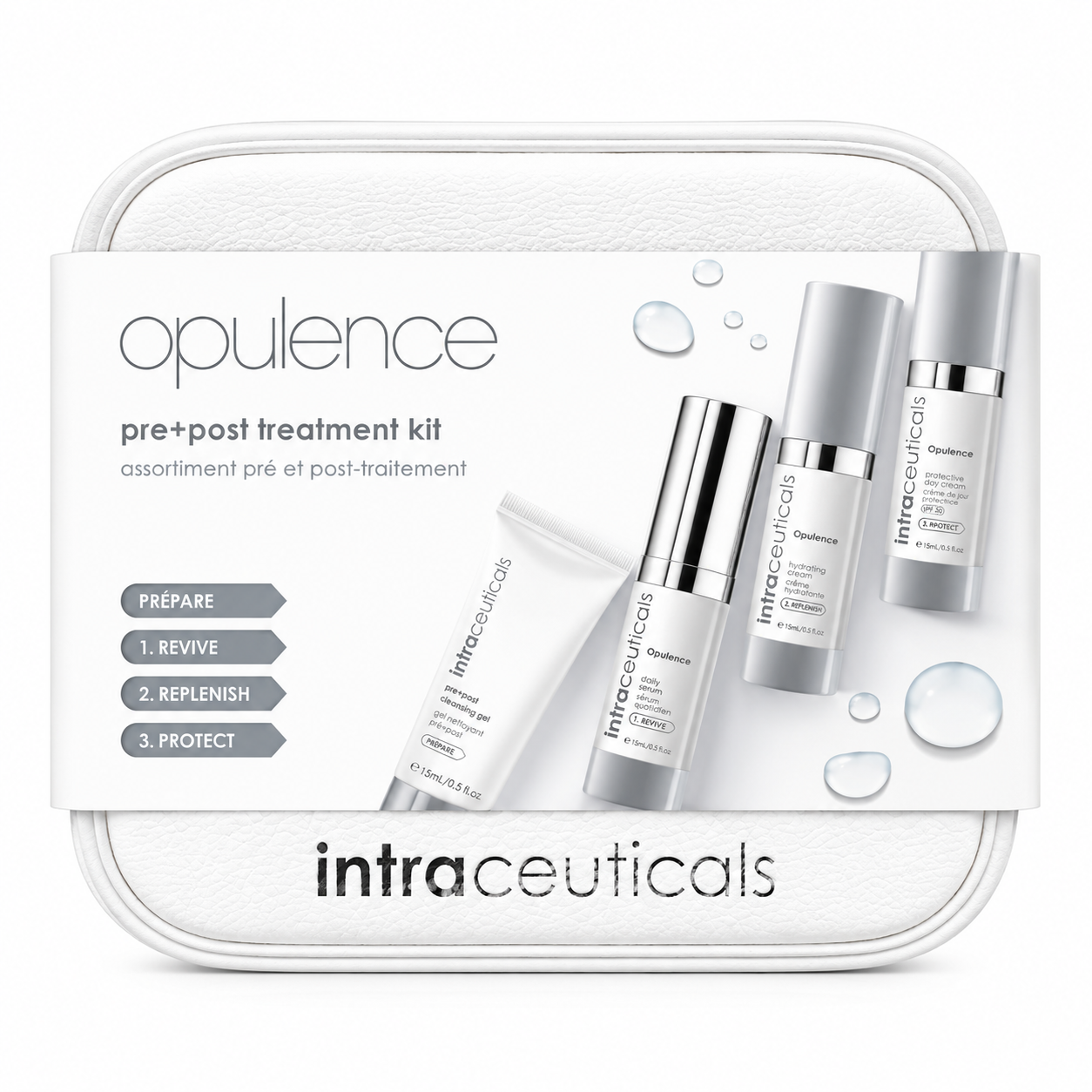 Intraceuticals Opulence Pre + Post Treatment Travel Kit with travel-size brightening cleanser, daily serum, hydrating cream, and SPF day cream for radiant, hydrated, and protected skin, displayed on a white background.