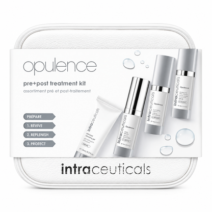 Intraceuticals Opulence Pre + Post Treatment Travel Kit with travel-size brightening cleanser, daily serum, hydrating cream, and SPF day cream for radiant, hydrated, and protected skin, displayed on a white background.