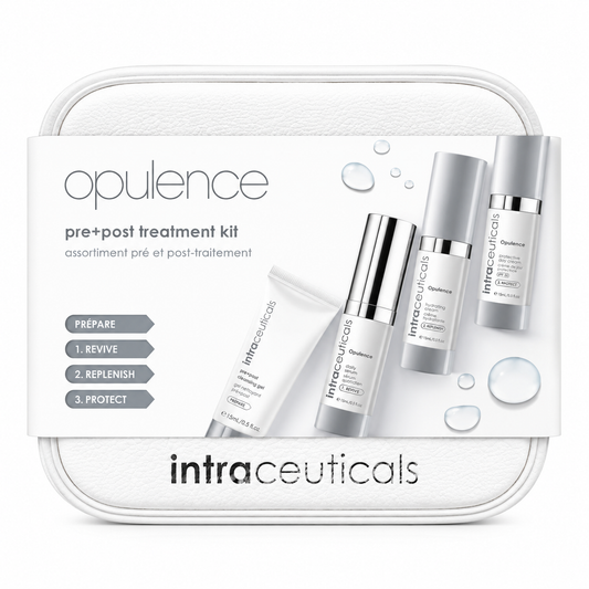 Intraceuticals Opulence Pre + Post Treatment Travel Kit with travel-size brightening cleanser, daily serum, hydrating cream, and SPF day cream for radiant, hydrated, and protected skin, displayed on a white background.