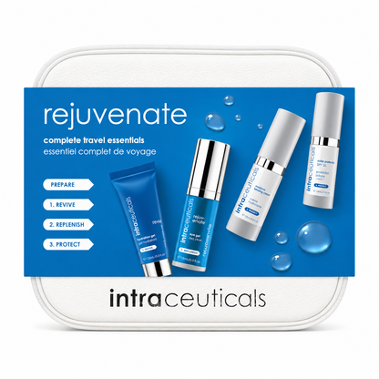 Intraceuticals Rejuvenate Complete Travel Essentials Kit on a white background featuring travel-size skincare products for cleansing, hydration, eye care, moisturization, and SPF protection.