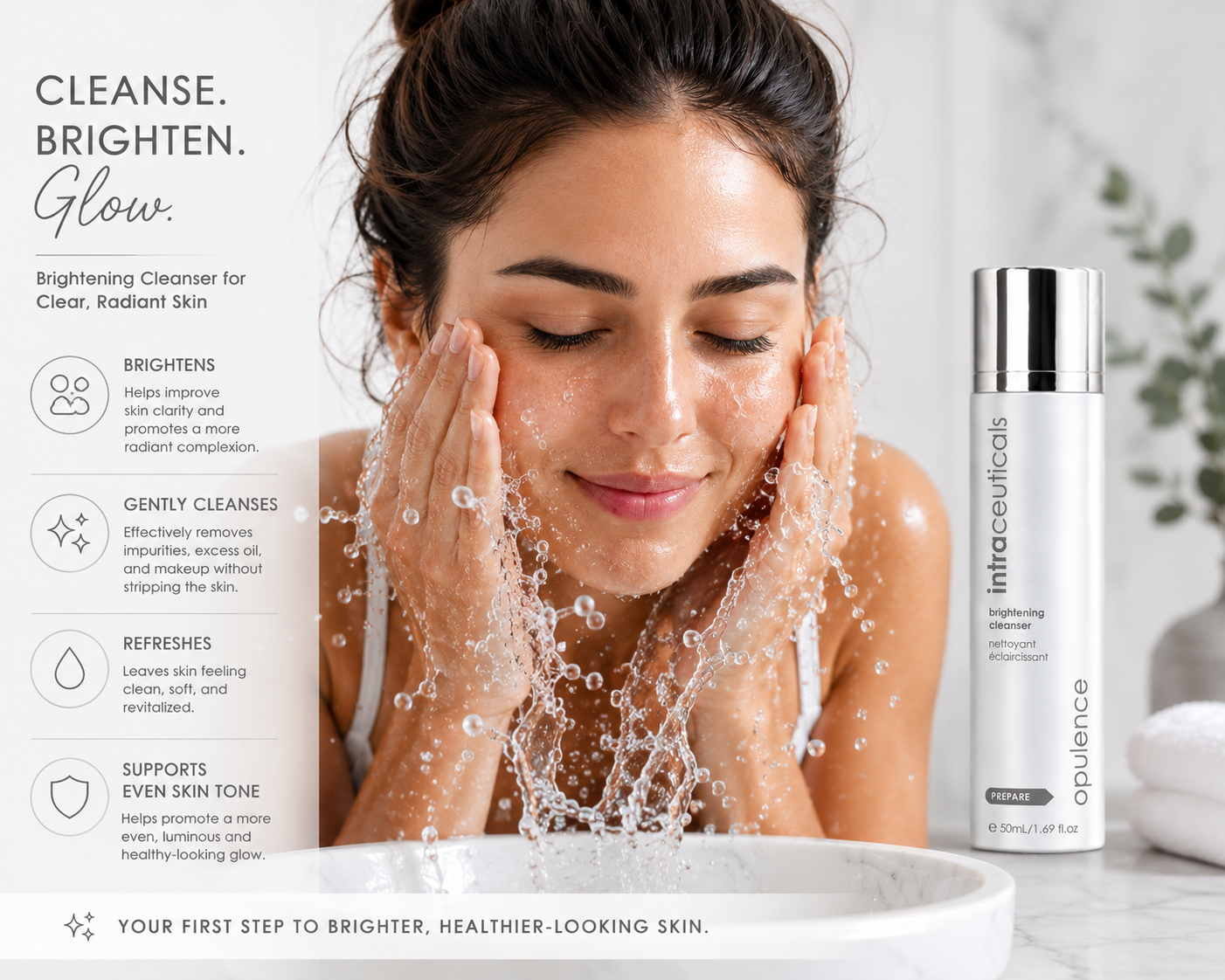 Woman washing her face with water while using Intraceuticals Opulence Brightening Cleanser, featuring skincare benefits including brighter-looking skin, gentle cleansing, refreshed complexion, and improved skin tone.