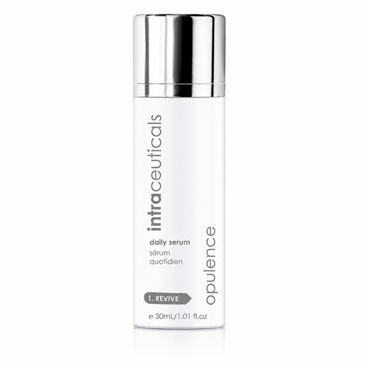 Intraceuticals Opulence Daily Serum 30ml on a white background, hydrating brightening serum designed to improve skin radiance and support a smoother, more youthful-looking complexion