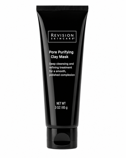 Revision Skincare Pore Purifying Clay Mask benefits infographic for deep cleansing and oil control.