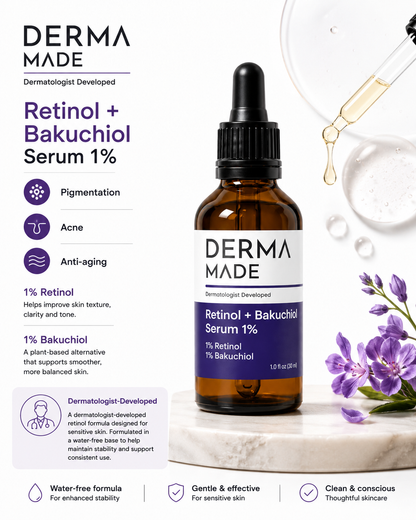 Retinol Serum + Bakuchiol 1% for Fine Lines, Wrinkles & Uneven Texture | Derma Made