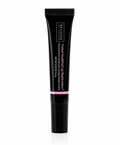 Revision Skincare Tinted YouthFull Lip Replenisher hydrating lip treatment with a sheer pink tint on white background