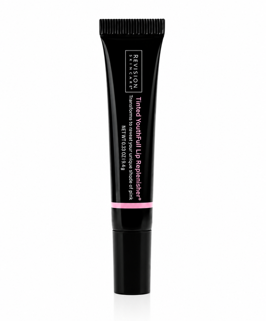 Revision Skincare Tinted YouthFull Lip Replenisher hydrating lip treatment with a sheer pink tint on white background