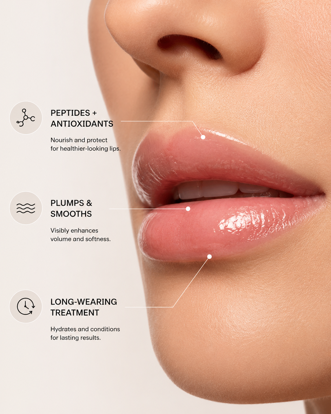 Glossy hydrated lips highlighting the benefits of Revision Skincare YouthFull Lip Replenisher, including plumping, smoothing, and long-lasting moisture