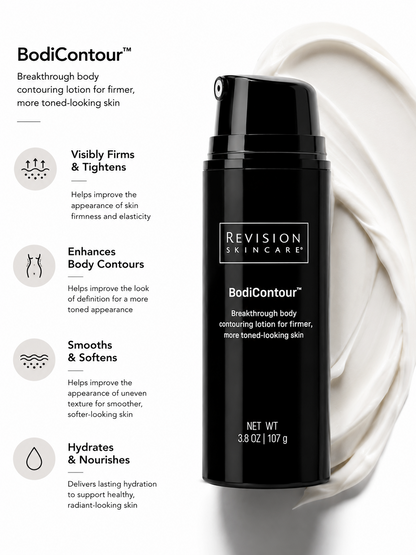 Revision Skincare BodiContour body contouring lotion applied to the arm, featuring iFirm Technology to help improve skin firmness, elasticity, and overall body tone