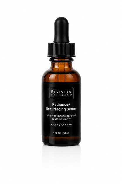 Revision Skincare Radiance+ Resurfacing Serum bottle on white background, an exfoliating serum with AHA, BHA, and PHA to improve skin texture and clarity