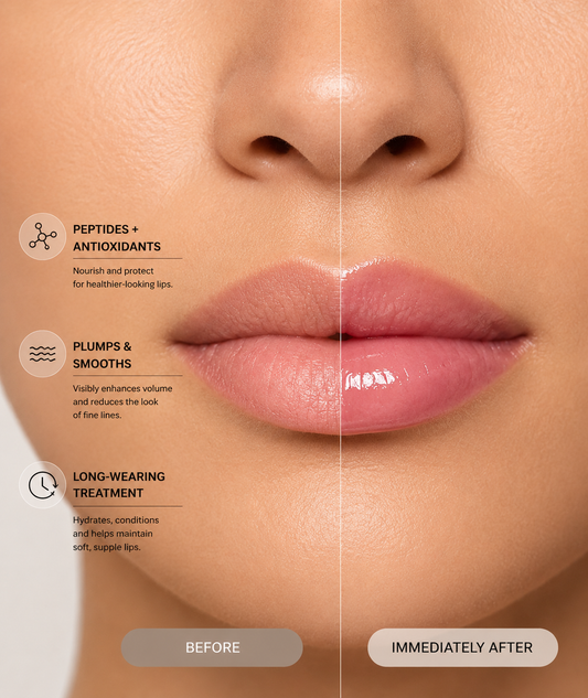 Before and after comparison of lips showing enhanced hydration, shine, and a natural pink tint with Revision Skincare Tinted YouthFull Lip Replenisher