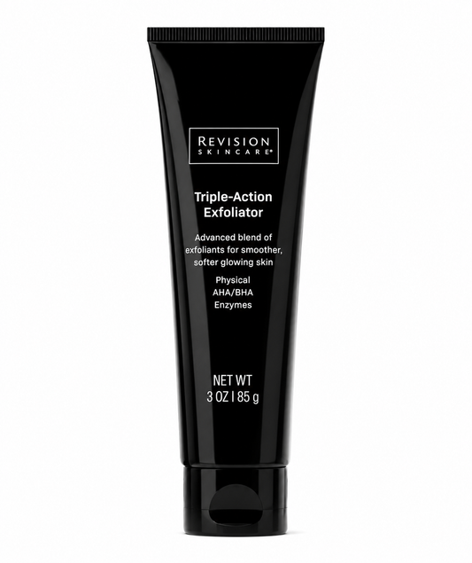 Revision Skincare Triple-Action Exfoliator, an advanced exfoliating treatment with physical exfoliants, AHA/BHA acids, and enzymes to improve skin texture and reveal a brighter complexion.